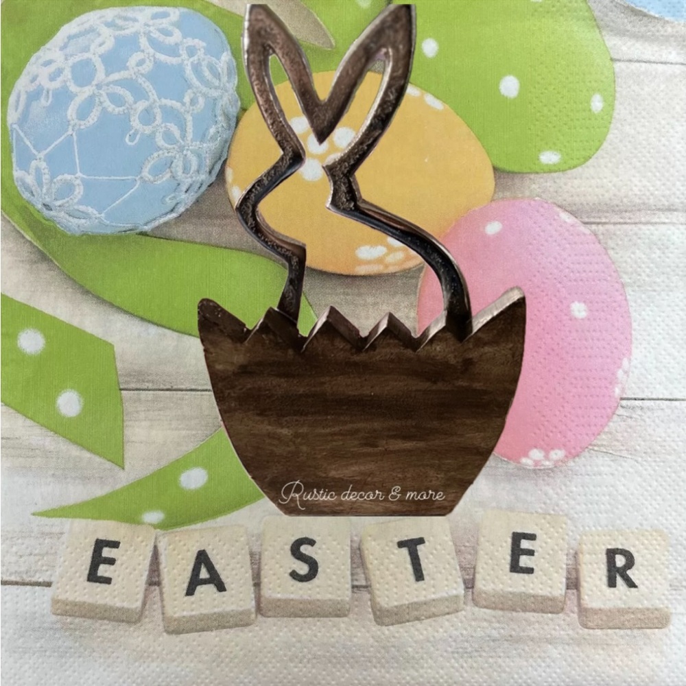 Iron silhouette bunny inside half wood egg Set of 2